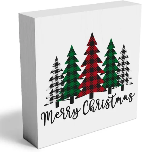 Cartel de madera con diseño de árboles de Navidad divertidos, caja de madera con texto en inglés «Merry Christmas», arte rústico, estante para el