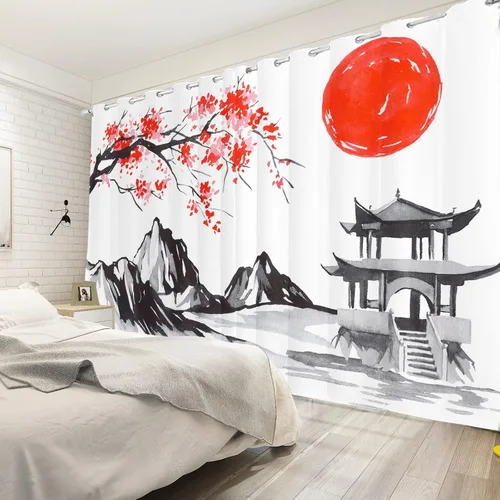 Miniatura 25 de Cortinas japonesas con pintura de tinta, monte Fuji, sol rojo, puesta de sol, hojas de bambú, cortinas de ventana para dormitorio, sala de estar
