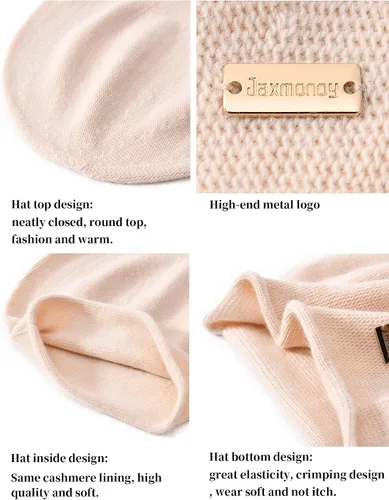 Miniatura 5 de jaxmonoy Gorro de punto holgado de cachemira para mujer, gorro de invierno suave y cálido de lana para mujer