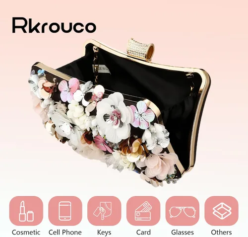 Miniatura 4 de Bolso de mano de noche floral para mujer - Bolso de flores coloridas con diamantes de imitación de metal