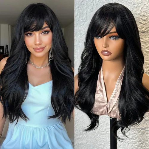 Miniatura 13 de topshe Peluca ondulada de color rubio ceniza con flequillo, cabello sintético resistente al calor para mujeres, capas de mariposa preestilizadas