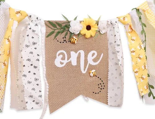 Miniatura 5 de OTURGC Cartel de primer cumpleaños para silla alta con temática de abeja, patrón multicolor de abeja y flores, cartel rectangular de lino de 80 x