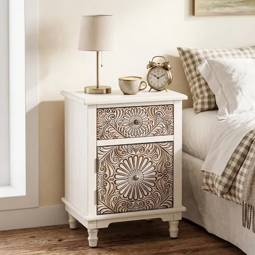 HOMPUS - Mesa de noche blanca con cajón y almacenamiento, mesa de noche con motivo floral completamente ensamblada para espacios pequeños, mesa