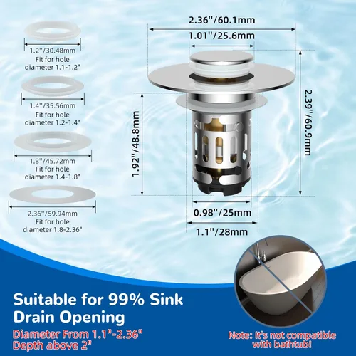 Miniatura 7 de Hibbent Colador de drenaje de lavabo de baño 3 en 1 mejorado, tapón universal desplegable con cesta de filtro de acero inoxidable extraíble atrapa