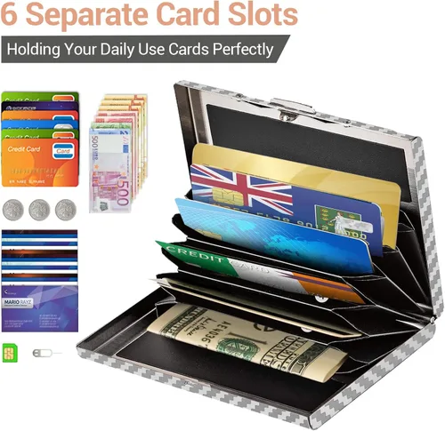 Miniatura 41 de BONSYL® Soporte para tarjetas de crédito, cartera delgada de metal con bloqueo RFID, con 6 ranuras para tarjetas, para mujeres y hombres.