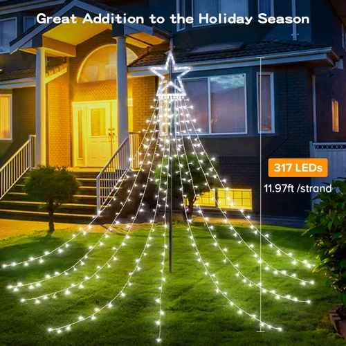 Miniatura 4 de BlcTec Luces de Navidad para exteriores, 317 luces LED de estrella de Navidad con 9 hebras de luces de árbol de cascada de 11.9 pies, 8 modos