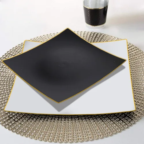 Miniatura 2 de Tableclothsfactory Paquete de 10 platos llanos cuadrados cóncavos de plástico duro de 8 pulgadas negro/dorado, platos desechables para fiestas