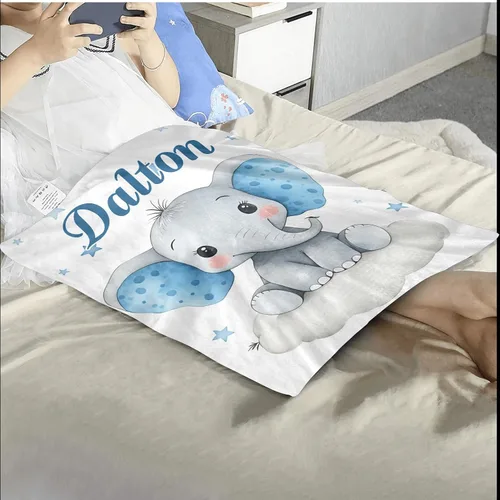 Miniatura 4 de Manta personalizada de vellón para niños con nombre, manta de bebé personalizada con diseño de elefante azul, para cama, regalo de cumpleaños, baby