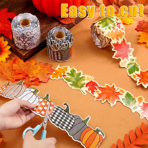 Miniatura 3 de Barydat Tablero de anuncios de copo de nieve de 206.7 pies, 3 rollos, borde de calabaza, hojas de arce, borde enrollado para casa de campo, borde