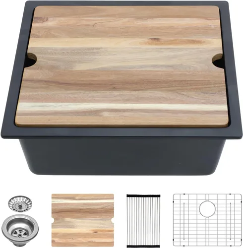 Miniatura 9 de Lordear Fregadero de Bar Empotrado de Granito Compuesto de 18 Pulgadas 18"x18" Fregaderos de Cocina de Cuarzo Compuesto Negro de Un Solo Tazón Bajo