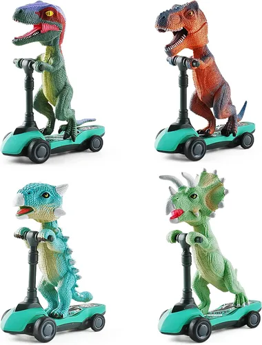 DINOBROS Juguetes de dinosaurio para scooter, autos de tracción hacia atrás, mini patinetes de dedo para niños de 3, 4, 5, 6 años, juegos de regalo