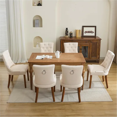 Miniatura 6 de Juego de 4 sillas de comedor tapizadas copetudas, sillas laterales de tela para comedor con cabeza de clavo en la parte trasera y patas de madera