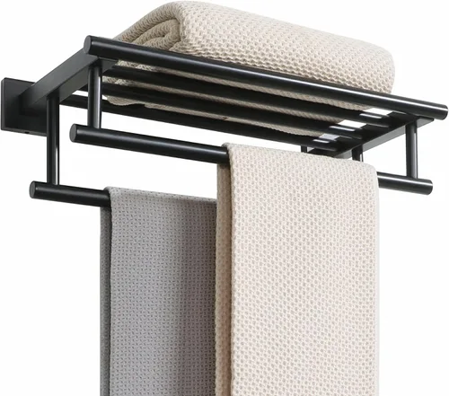 Alise - Toallero para baño con montaje en pared, soporte de toallas de baño con doble barra para toallas y estante, 40.6 cm, SUS304 de acero Negro