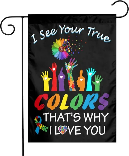 Bandera de jardín de conciencia sobre el autismo, 12 x 18 pulgadas, a prueba de decoloración, doble cara para exterior/interior, con texto en inglés