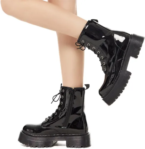Miniatura 5 de KEIIYJ Botines gruesos de combate con cordones de plataforma para mujer en negro (KEY1)
