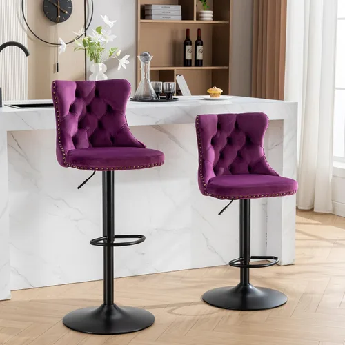 Miniatura 10 de Taburete de bar giratorio ajustable de altura de mostrador, silla de bar tapizada de terciopelo dorado con base cromada con respaldo acolchonado