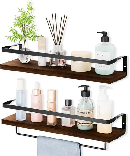 Miniatura 9 de Estantes de baño con toallero, estantes flotantes para baño, cocina, dormitorio, madera de paulownia, marco de metal negro mate, juego de 2