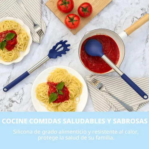 Miniatura 5 de Juego de utensilios de cocina de silicona, 12 piezas, antiadherentes, resistentes al calor, con mango de acero inoxidable, color azul