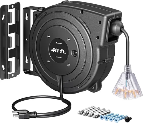 Miniatura 8 de DEWENWILS Carrete de cable de extensión retráctil, cable de alimentación resistente de 40 pies, 12 AWG/3 C SJTOW, 3 tomas de tierra iluminadas