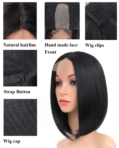 Miniatura 4 de Pelucas negras estilo Bob pelucas cortas y rectas para mujer, pelo sintético resistente al calor, parte media, aspecto natural, uso diario, cosplay