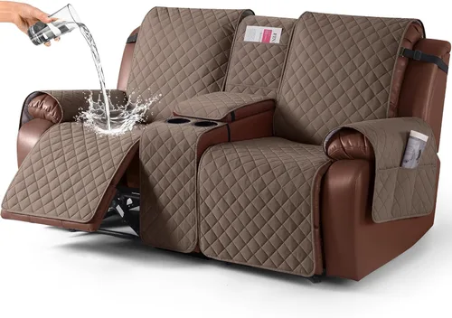 Miniatura 23 de KinCam Funda 100% Impermeable para Loveseat Reclinable con Consola, Fundas Antideslizantes para Sofá Reclinable de 2 Asientos, Funda para Sofá