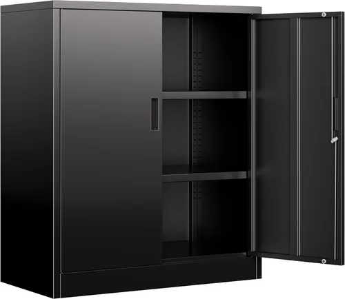 BESFUR Armario de almacenamiento de metal de 36 pulgadas de alto, gabinete de metal negro con 2 puertas con cerradura y 2 estantes ajustables,