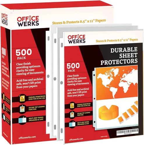 OfficeWerks - Protectores de hojas transparentes de 8.5 x 11 pulgadas para carpeta de 3 anillas, fundas de plástico de 35 micras, carga superior,