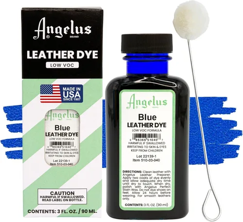Tinte de cuero Angelus - Tinte de cuero flexible para zapatos, botas, bolsos, manualidades, muebles y más 3oz, aplicador incluido (Azul)