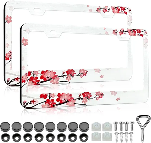 LIN KANG Hermoso Marco de Matrícula de Flor de Cerezo - 2 PCS Portamatrícula de Flores Florales Cubierta Accesorios Universales de Automóvil