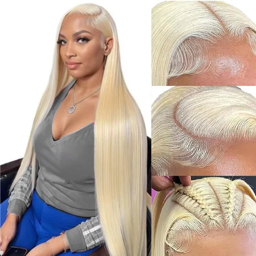 Miniatura 16 de Myecool Peluca de cabello humano con encaje frontal 613 de 26 pulgadas, 13 x 5, lacio, 613 HD, encaje frontal, cabello humano prearrancado, nudos