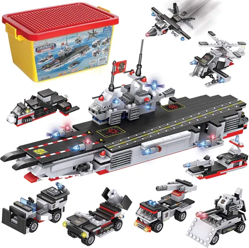 Liberty Imports Juguete de Ladrillos de Construcción de Flota de Portaaviones Militares de 825 Piezas – Modelos de Acorazado Naval 8 en 1 con