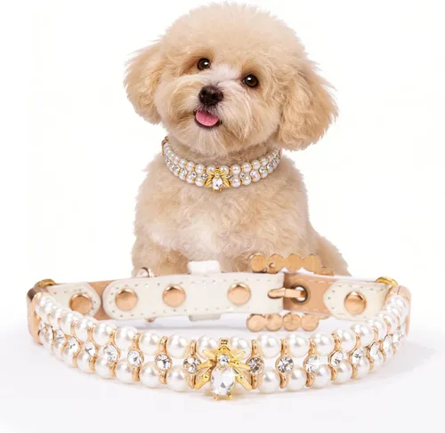 Miniatura 10 de HOWWFALY Collares de perlas para perros y gatos con diamantes de imitación de cristal, collar de piel sintética, collar ajustable para perros