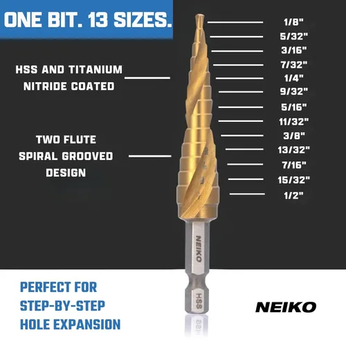 Miniatura 2 de NEIKO 10602A Step Drill Bit, 13 Steps 1/8" to 1/2" Spiral High Speed Steel, Titanium Nitride Coated, 1/4" Quick Change Step Bits for Steel, Metal