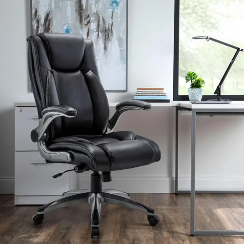COLAMY Office Desk Chair, Ergonomic Computer Chair with Padded Flip-Up Arms and Thick Cushion, Leather Office Chair with High Back Adjustable Height