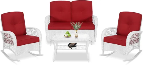 Miniatura 43 de VIVIJASON Silla mecedora de mimbre para exteriores, 2 piezas, sillas mecedoras de ratán para patio con cojines y marco de acero, muebles de mimbre