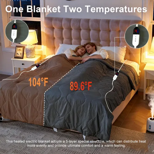 Miniatura 3 de Manta eléctrica tamaño Queen – Manta térmica de doble control tamaño Queen, calentamiento rápido con 10 ajustes de tiempo y 6 ajustes de calor