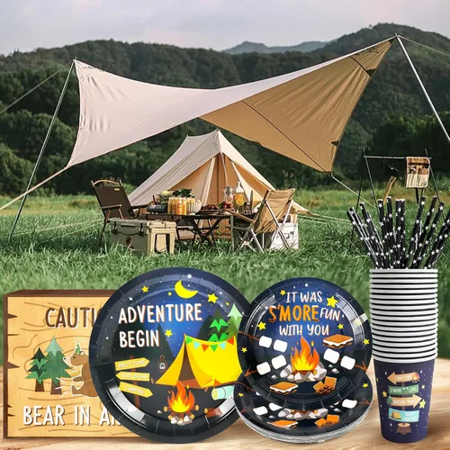 Miniatura 3 de Recheel Suministros para fiestas de camping y decoración, juego de platos y servilletas de papel con temática de fogata, caminata y campamento