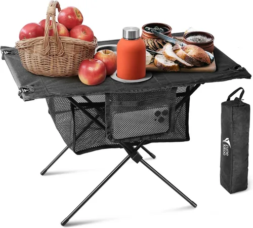 Zune Lotoo Mesas de playa pequeñas para arena plegable, mesa de camping portátil plegable con portavasos y almacenamiento de malla para campamento,