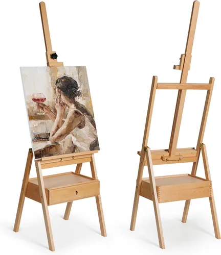 ARTIFY Caballete de estudio grande de madera con marco en H con cajón de almacenamiento y estante para artistas, soporte de lona de madera de haya