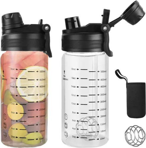 Miniatura 8 de Botella de agua de vidrio de 20 onzas, tapa de sorbo y popote 2 en 1, botella agitadora de vidrio de boca ancha para hielo y jugo, botellas