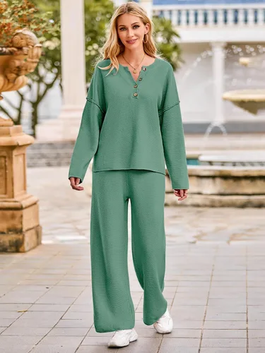 Miniatura 5 de MEROKEETY Conjunto de 2 piezas para mujer, de manga larga, con botones, suéter y pantalones, conjuntos de descanso