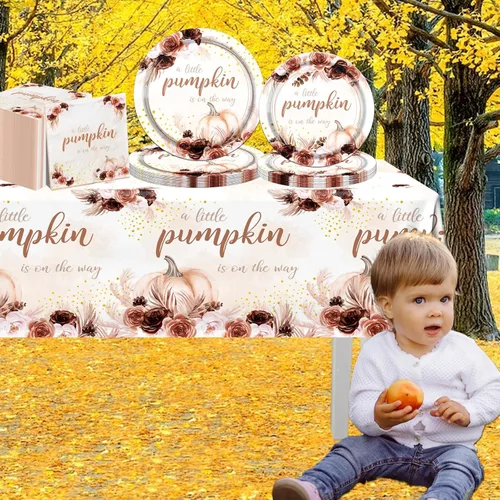 Miniatura 2 de Decoraciones de baby shower de calabaza pequeña, decoraciones de vajilla de otoño para baby shower, incluye platos de calabaza pequeña, servilletas