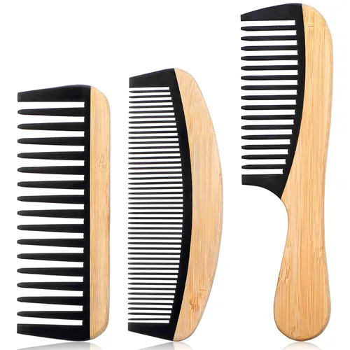 Juego de 3 peines de bambú para dientes anchos, peine de madera para cabello rizado, grueso, húmedo, antiestático, con dientes de baquelita, peines