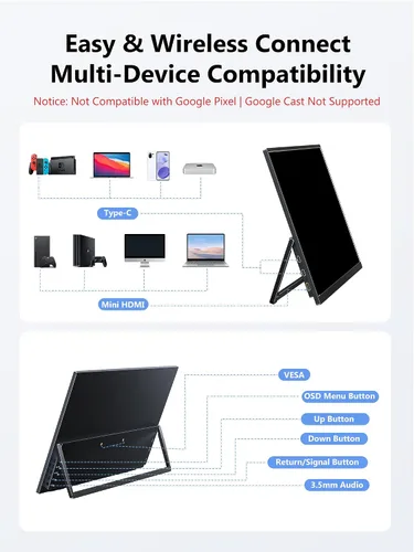 Miniatura 7 de Monitor portátil inalámbrico con batería, monitor inalámbrico para computadora portátil de 15.6 pulgadas, 1080P FHD monitor de viaje para laptop