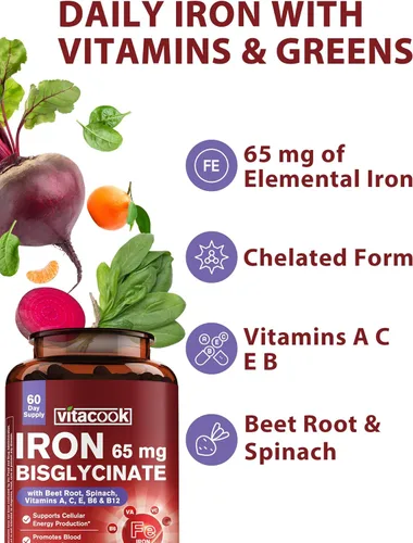 Miniatura 2 de Suplemento de hierro para mujeres y hombres, 65 mg de quelato de bisglicinato ferroso, hierro de liberación lenta con vitaminas A, C, E, B6, B12