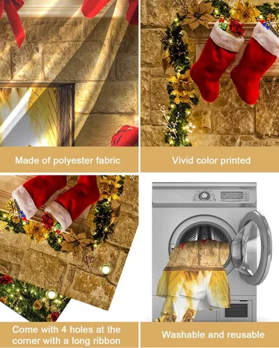 Miniatura 6 de Mocsicka Telón de fondo de chimenea de Navidad de 7 x 5 pies, caja de regalo de árbol de Navidad, botas rojas, fondo adornado, fondo de fotografía