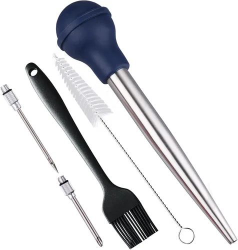 Baster - Baster de pavo de acero inoxidable 18/8, juego de inyector de carne con jeringa con 2 agujas y 2 cepillos de limpieza para untar, para Azul