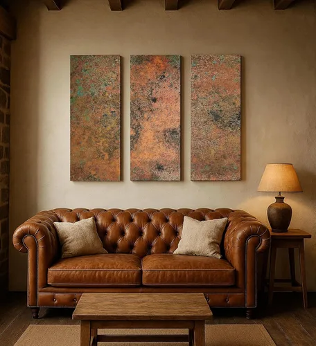 Miniatura 2 de Arte de pared de cobre real - Arte de metal de 3 paneles - Textura de pátina - Tríptico abstracto moderno - Decoración rústica hecha a mano
