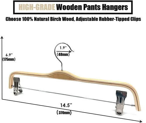 Miniatura 2 de Paquete de 30 perchas de madera natural de 14.5 pulgadas para pantalones, exhibición de ropa, faldas de madera, ganchos inferiores de metal