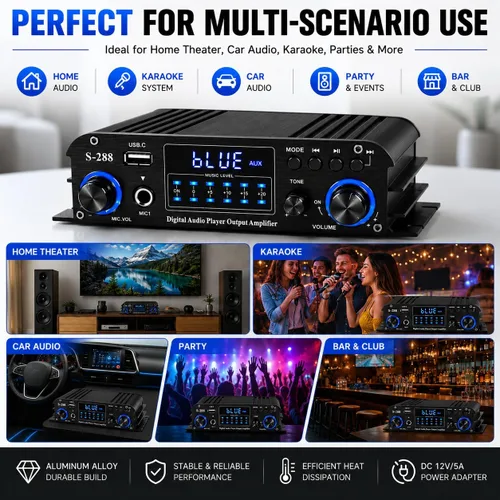 Miniatura 6 de Romicta Amplificador estéreo Bluetooth 5.0 de 4 canales, amplificador de potencia HiFi de 50 Wx4, 1200 W máximo, USB/SD/FM, receptor de audio